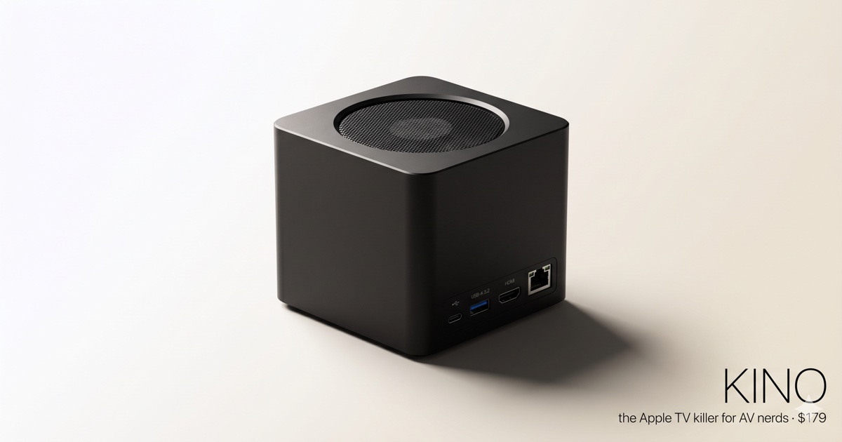 Kino — a matte-black cube with mesh-grille top fan, side ventilation, and USB-C / USB-A / HDMI 2.1a / Gigabit ports on the rear