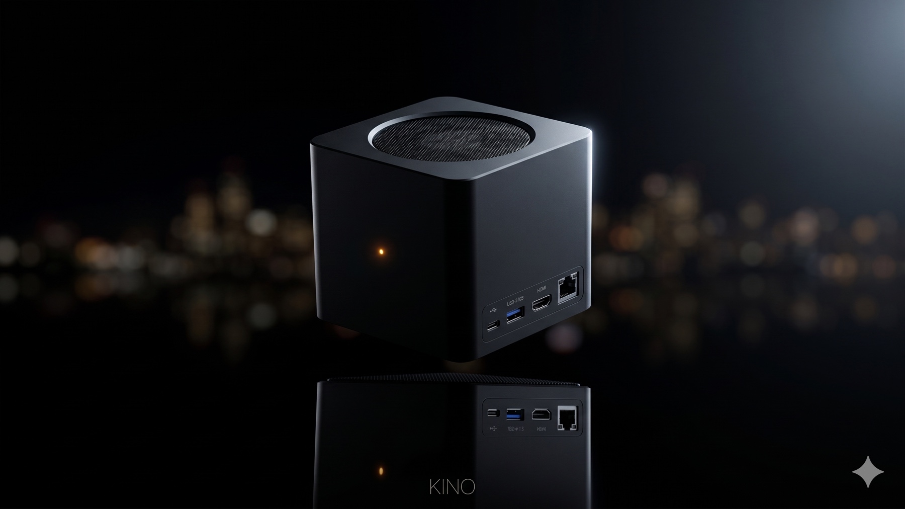 Cinematic product photograph: the Kino cube floating above a polished black surface, lit by a single warm rim light, with bokeh of warm city lights in the deep background