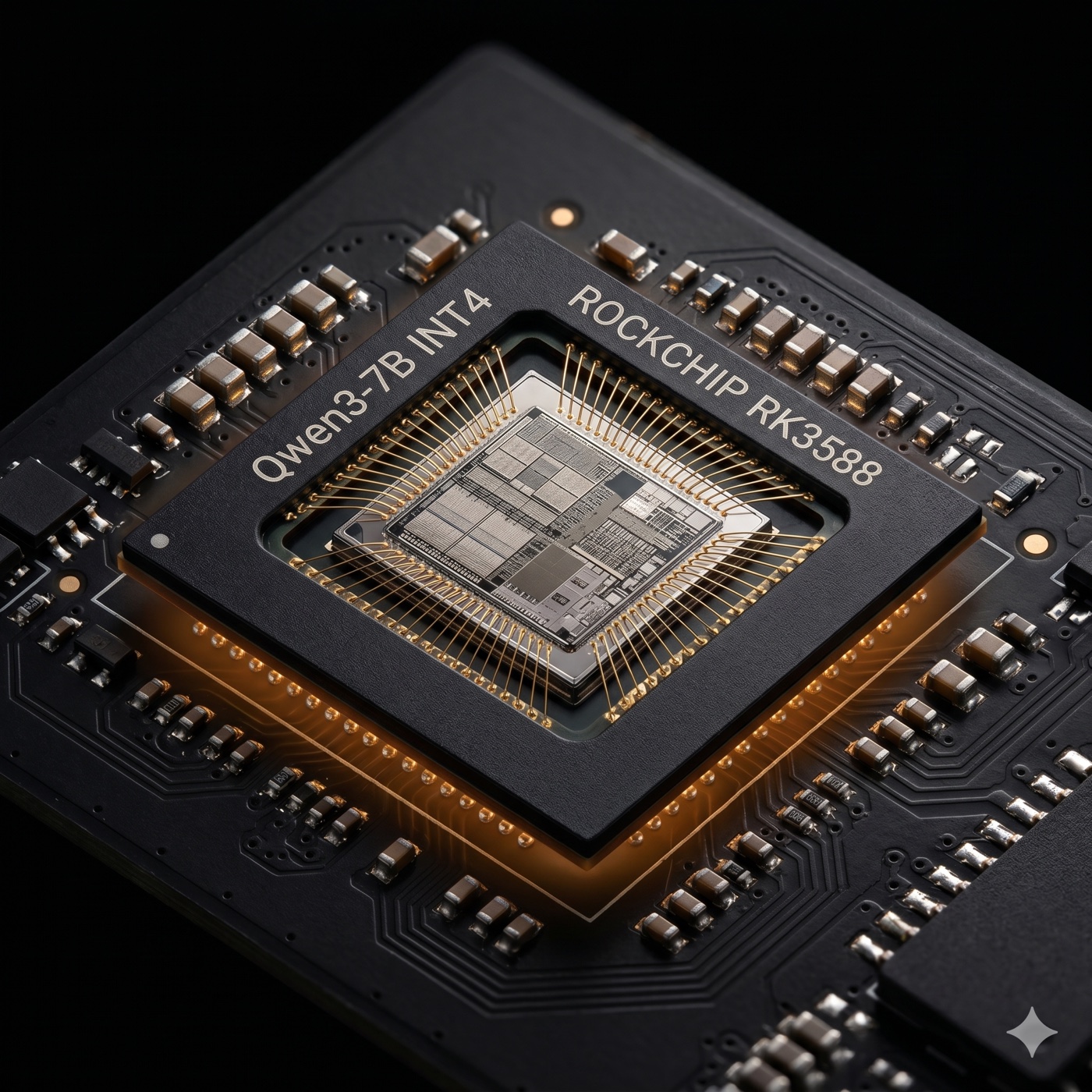Macro photograph of the RK3588 silicon die with Qwen3-7B INT4 etched on the package, glowing softly amber from the on-device inference