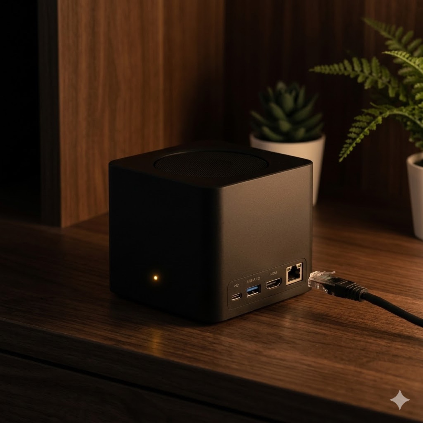 Matte-black Kino cube with the ethernet cable partially unplugged and hanging in mid-air, the front LED still glowing soft amber