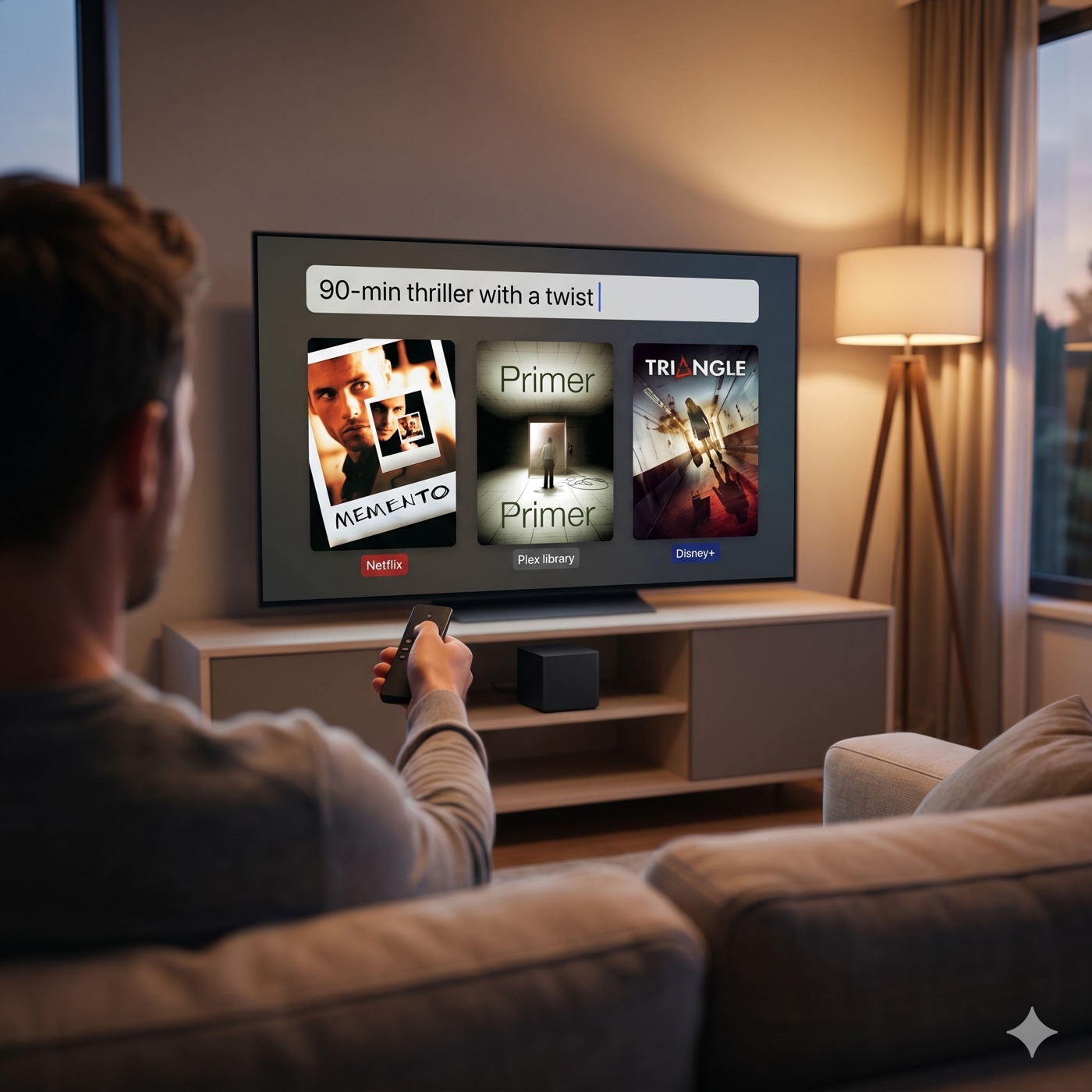 Person on a sofa pointing a remote at a 65-inch OLED TV showing search UI with three film posters