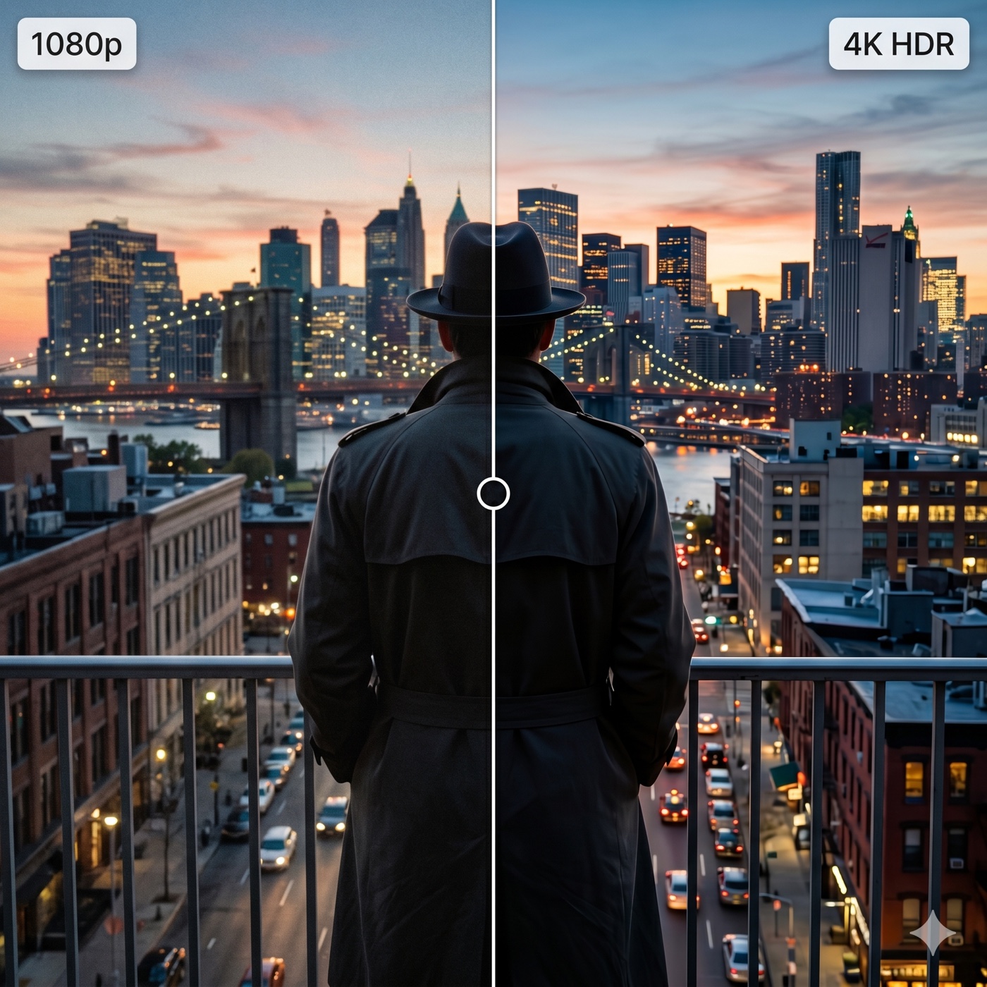 Side-by-side comparison: 1080p film still on the left half, sharp 4K HDR on the right half, with a vertical slider line dividing them
